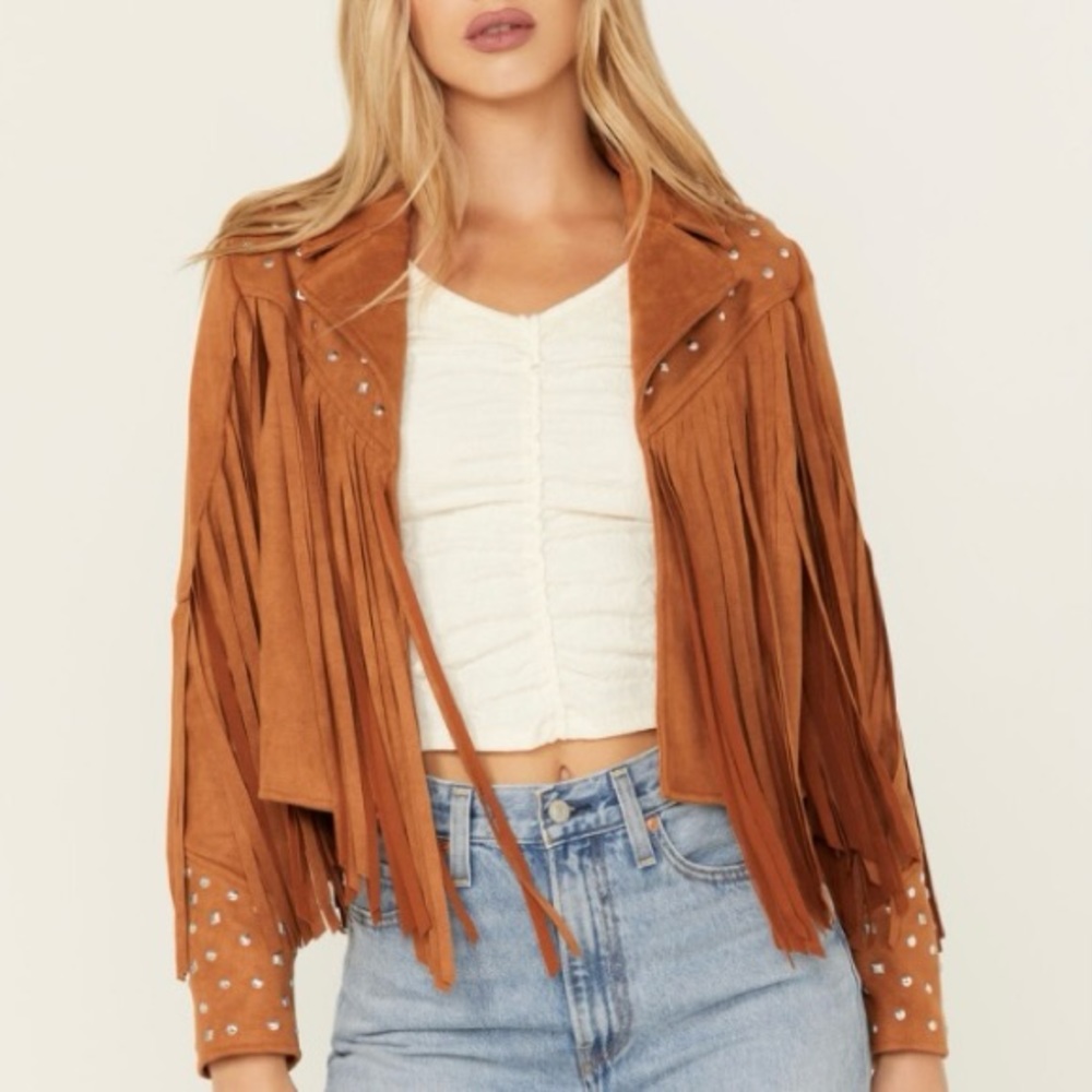 NWT Blue B Fringe Faux Suede Studded Jacket - Camel - Size Small